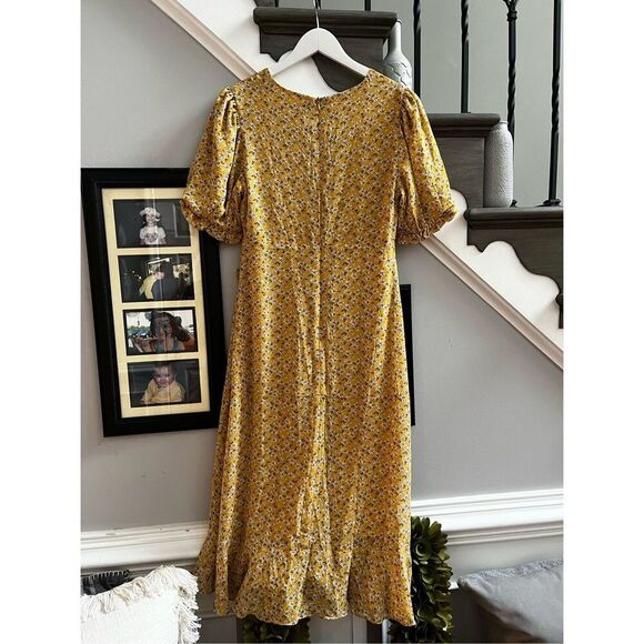 Lulus Yellow Tie Front Ruffle Daisy Print Midi Dress sz S EUC - Picture 6 of 7